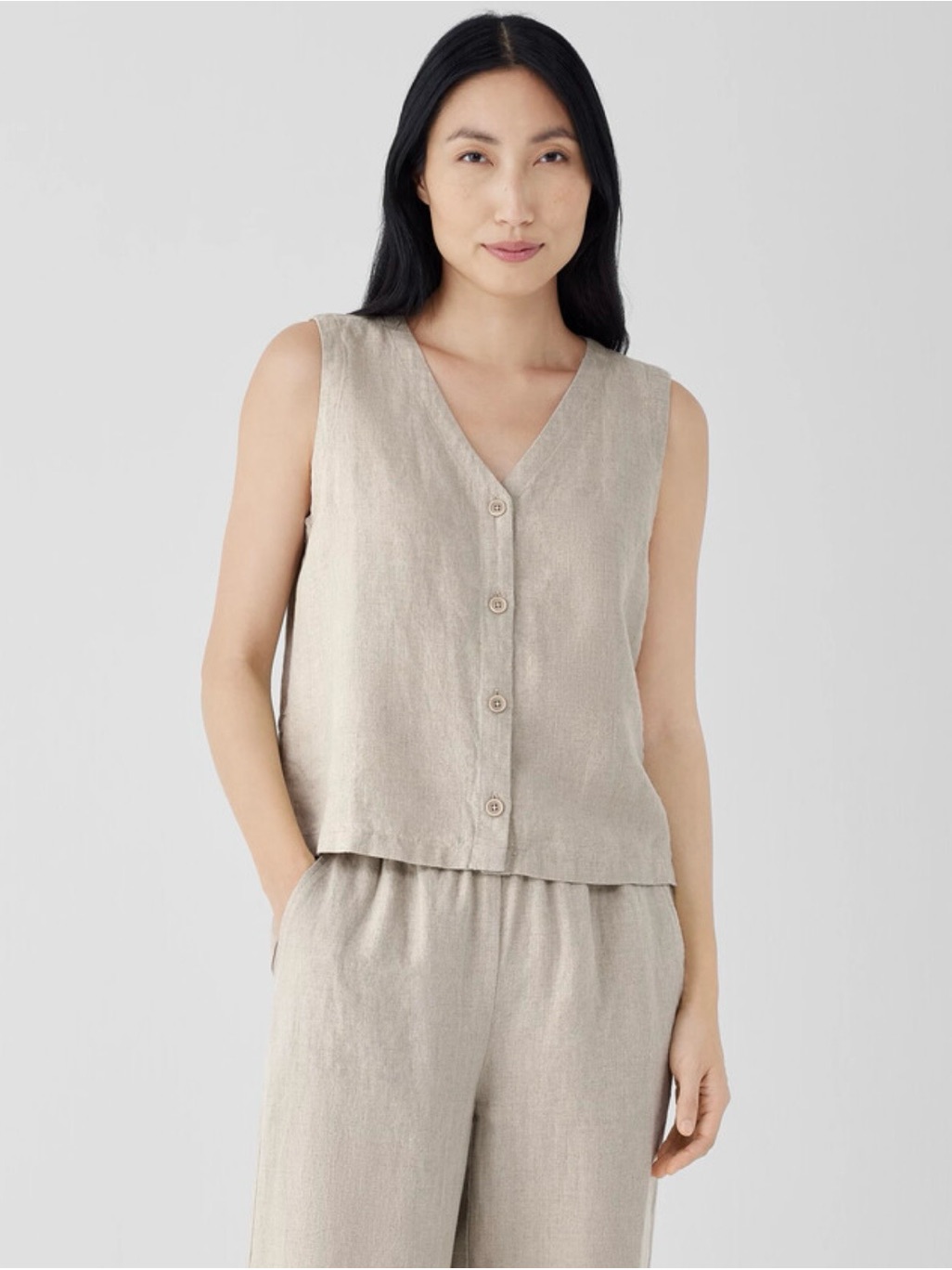 Eileen Fisher V-Neck Button-Front Organic Linen Top Or Vest